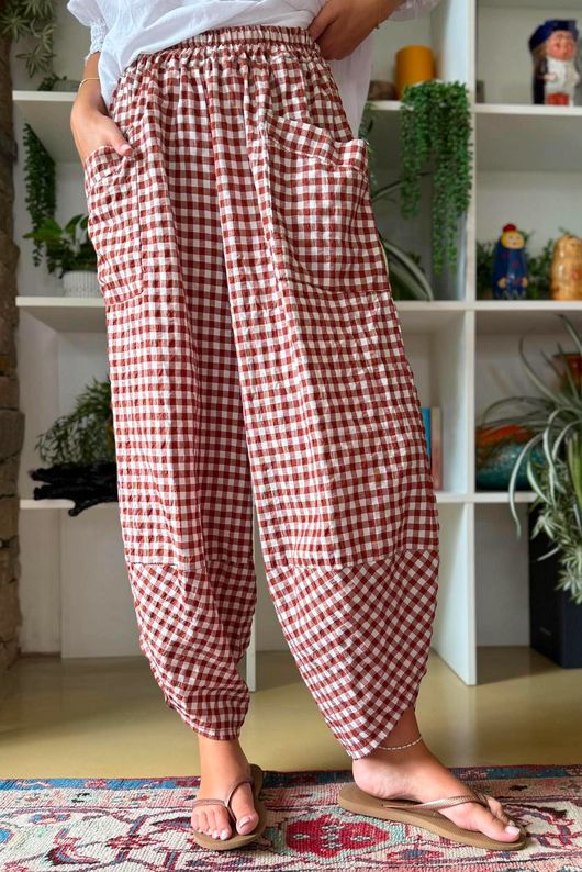 Nonni Gingham Shelby Barrel Pant Rust